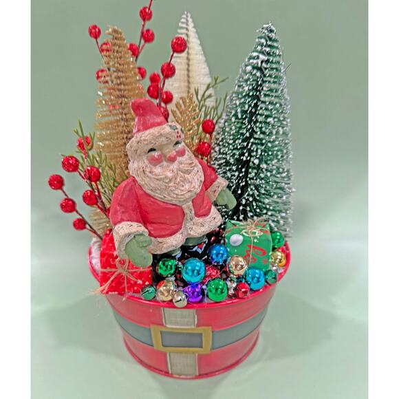Festive Christmas Assemblage With a Jolly Santa and Bottlebrush Trees - Picture 3 of 6